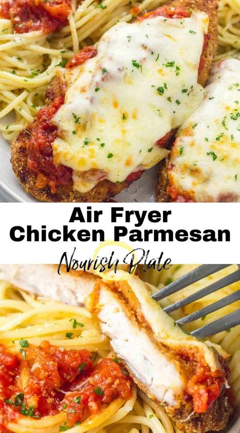 Healthier Air Fryer chicken parmesan made easily in under 20 minutes! The chicken turns out nice and juicy from the inside, but crispy on the outside. Topped with delicious marinara and melted cheese for an easy dinner that you can serve for the whole family. Chicken Parmigiana Air Fryer, Chicken Parmesan Recipe Air Fryer, Airfryer Ideas, Air Fryer Chicken Parmesan, Air Fryer Recipes Chicken Breast, Chicken Parmesan Recipe Easy, Air Fryer Oven Recipes, Airfryer Recipes, Air Fried Chicken