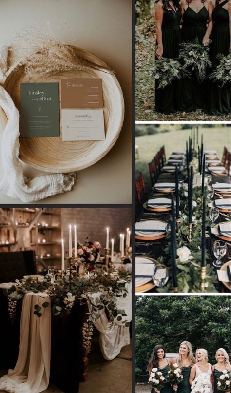 Sage Green Black And Brown Wedding, Black Sage Champagne Wedding, Black Brown Wedding Color Schemes, Green Gray Black Color Scheme, Brown And Greenery Wedding, Eucalyptus And Tan Wedding, Olive Champagne Black Wedding, Hunter Green And Beige Wedding, Olive Green And Neutral Wedding