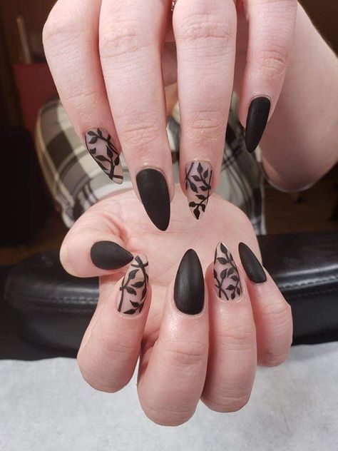 Matte black leaves gel x@ Black Nails Floral Design, Black Matte Nails With Design Almond, Goth Matte Nails, Black Floral Nails Simple, Black Leaves Nails, Gloss And Matte Nails, Black Nails With Leaves, Goth Engagement Nails, Gothic Bridal Nails