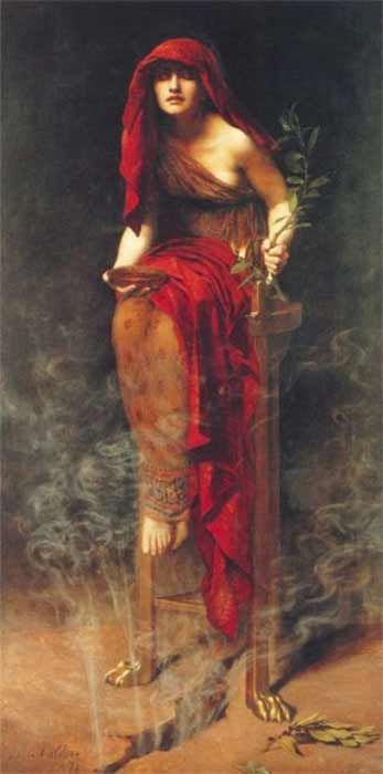 Priestess of Delphi by John Collier, showing the Pythia sitting on a tripod with vapor rising from a crack in the earth beneath her (1891) Art Gallery South Australia (Public Domain) Priestess Of Delphi, Famous Greek Mythology Paintings, Ritual Clothing, John Collier, Npc Art, Witch Apothecary, Oracle Of Delphi, Frank Dicksee, Eugene Atget