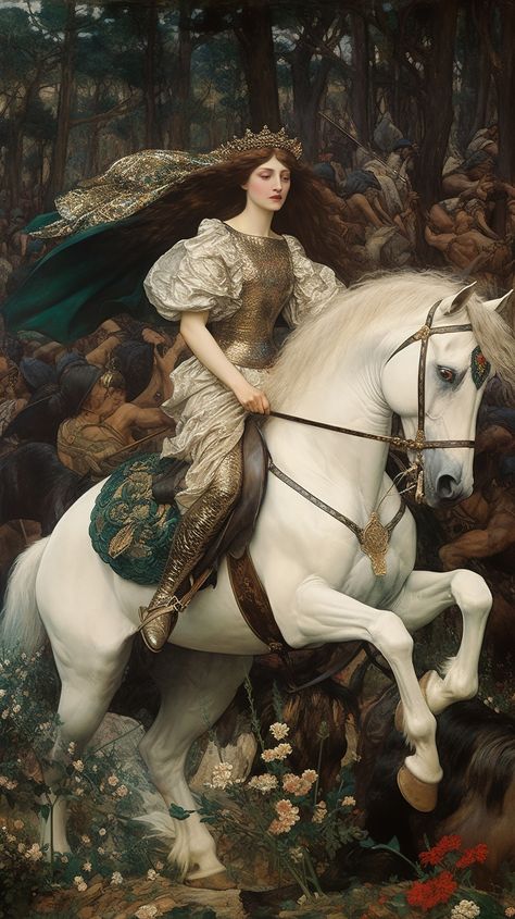 Created in Midjourney prompt: A painting of a woman in armor riding a horse, in the style of detailed crowd scenes, appropriation art, white and emerald, gothic references, uniformly staged images, by JOHN WILLIAM WATERHOUSE and Evelyn De Morgan and Frederic Leighton Warrior Princess On Horse, Horse Riding Images, Baroque Horse Painting, Horseriding Reference, Woman On Horse Reference, Two Women Painting, Medieval Woman Painting, Medieval Romance Art, Women In Armor Art