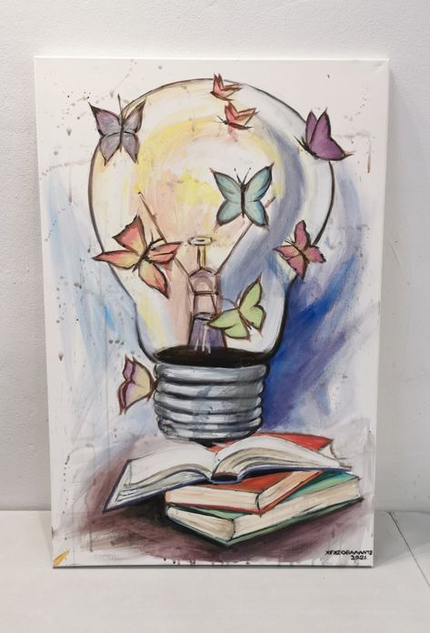 Art Book Painting Ideas, Still Life Painting Books, Painting Ideas On Canvas Books, Teacher Watercolor Art, Bookshelf Painting Ideas Canvas, Book Paintings On Canvas, Canvas Painting For Teachers, Painting Ideas For Teachers, Drawing Book Cover Ideas