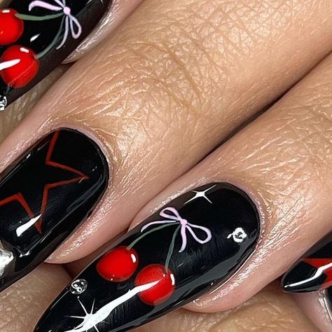 ˖ ࣪⭑ lissette ⭑ ࣪˖ ପ(๑•ᴗ•๑)ଓ ♡ on Instagram: "₊♡₊˚ 🍒・₊✧ love how the cherries came out! <3 (november availability is now open to everyone!! only 2 dates left open) #nails #nailart #handpaintednailart #gelx #gelxnails #cherrynails #y2knails #y2k #starnails" Black And Cherry Nails, Black Cherry Nails Almond, Cherry Nails Black, Cherry Nails Acrylic Black, Star Nails Y2k Red And Black, Cherrie Nails Design, Cherry Nails Charm, Avery Core, Feb Nails