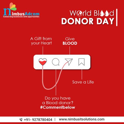 Blood donation is a noble act. Today on #WorldBloodDonorDay, let’s understand the importance of blood donation, create awareness and encourage more people to do it to save a life. #blooddonation #blooddonor #NimbusAdcom #blood #blooddonate #savelife #BloodDonorDay #blooddonationday2021 Donation Instagram Post, World Blood Donor Day Creative Ads, World Heart Day Creative Ads, Blood Donation Poster Creative, Donation Poster Design, Blood Donation Quotes, Blood Donation Poster, Blood Donation Posters, Blood Donation Day