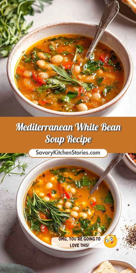 Want to elevate your dinner routine with a dish that’s both satisfying and healthy? This Mediterranean White Bean Soup Recipe offers a delightful blend of flavors and textures! Don’t forget to save it for later, ensuring you have an easy go-to meal for your Mediterranean dinner ideas! Breakfast Recipes Mediterranean, Mediterranean White Bean Soup Recipes, Medditeranean Diet Dinner, Healthy Mediterranean Recipes Vegetarian, Mediterranean Meals Dinners, Simple Mediterranean Meals, Easy White Bean Soup, Mediterranean White Bean Soup, Mediterranean Diet Recipes Healthy