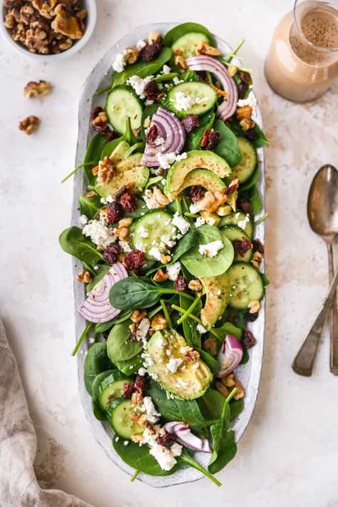 Easy Spinach Salad with Creamy Balsamic Vinaigrette | Eating Bird Food Healthy Spinach Salad, Easy Spinach Salad, Creamy Balsamic Vinaigrette, Creamy Balsamic Dressing, Spinach Salad Recipes, Fresh Salad Recipes, Resep Diet, Balsamic Dressing, Goat Cheese Salad