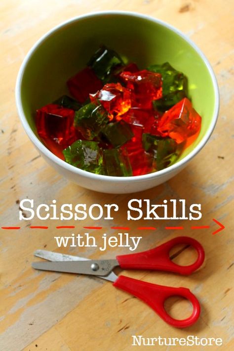 scissor skills activity with jello :: learn to use scissors :: fine motor sensory play Scissors Skills Preschool, Using Scissors Activities, Jelly Sensory Play, Prek Scissor Practice, Easy Scissor Skill Practice, Toddler Scissor Practice, Scissor Activities, Childhood Birthday, Scissors Skills