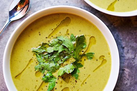 Greek Fava Soup With Cilantro & Truffle Oil | Greek Food - Greek Cooking - Greek Recipes by Diane Kochilas Peasant Soup Recipe, Watercress Soup, Healing Soup, French Soup, 200 Calorie, Green Soup, Pea Soup, Vegan Thanksgiving, Gut Healing