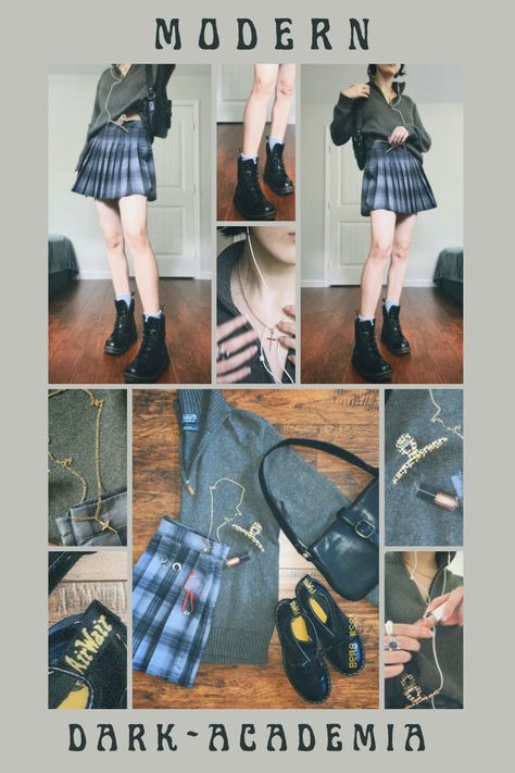 a moodboard “Modern Dark Academia” of photos of a girl wearing a dark cool grey Polo Ralph Lauren V neck zipper sweater asymmetrically tucked into a cool blue/ grey plaid skirt that reaches down to mid thigh. She is wearing three silver rings,a turtle mood ring,  star and moon, and one in a bubble- Art Deco shape. On the hem of her skirt she has attached a plaid skinny tan and brown claw clip. her fit also shown on floor dark wood floor folded. Doc Marin black boots, pale blue long ankle socks. Fenty Lipgloss, Modern Dark Academia, Aesthetic Light Academia, 90s Academia, Clueless Aesthetic, Silver Stackable Rings, Wired Earphones, Dark Academia Outfit, Academia Style