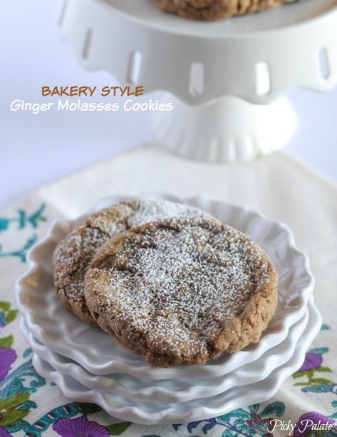 My Bakery Style Ginger Molasses Cookies make the perfect cookie for gift giving this Holiday season! Soft Gingersnap Cookies, Paradise Bakery, Snicker Doodles, Favorite Christmas Desserts, Soft Ginger Cookies, Molasses Cookies Recipe, Picky Palate, Christmas Yummies, Ginger Molasses