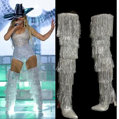 Beyonce Coachella Boots, Cowgirl Outfits Beyonce, Beyonce Cowboy Boots, Diy Beyonce Outfit, Beyonce Denim Outfit, Bling Boots Outfit, Beyonce Cowgirl Outfits, Diy Rhinestone Boots, Diy Cowgirl Boots