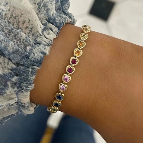 Length: 6.5" Material: Stainless Steel, Cubic Zirconia Plating: 18k Real Gold Bracelet is 100% - Ahava J Heart Tennis Bracelet, Real Gold Bracelet, Dope Jewelry Accessories, Rainbow Bracelet, Dope Jewelry, Free Bracelet, Classy Jewelry, Stacked Jewelry, Jewelry Lookbook