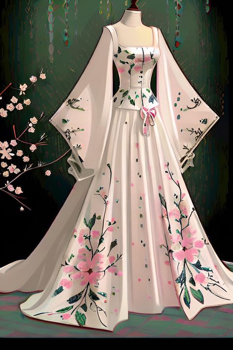 Symmetrical Pictures, Cherry Blossom Outfit, Asian Traditional Fashion, Beautiful Spring Dresses, Chinese Fancy Dress, Cherry Blossom Dress, Blossom Dress, Fantasy Dresses, Fashion Drawing Dresses