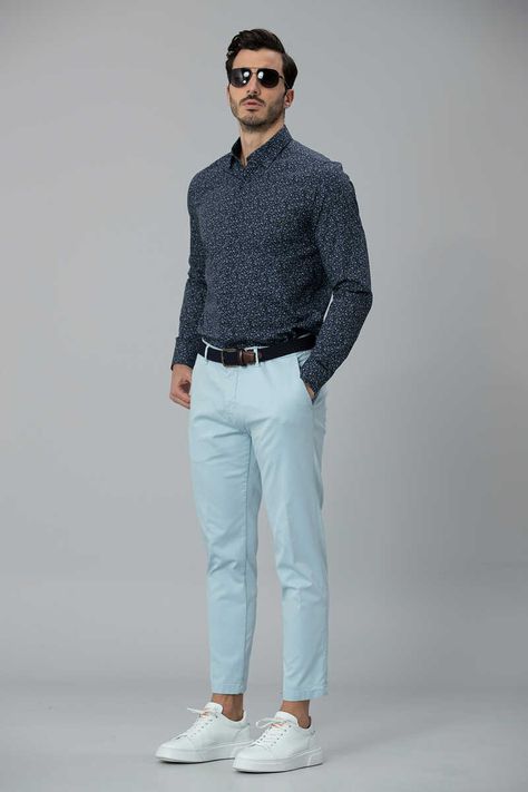 111190065-lufian-cashilla-spor-chino-pants-slim-fit-blue Men’s Light Blue Pants Outfit, Light Blue Pants Outfit, Blue Shirt Outfit Men, Mens Pose, Blue Pants Outfit, Outfit Cowok, Relaxed Fashion, Mens Business Casual, Light Blue Pants