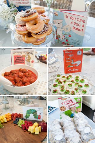 Storybook Themed Food, Storybook Food Ideas, School Baby Shower For Teacher, Baby Shower Childrens Book Theme, Storybook Shower Ideas, Story Book Baby Shower Theme Food Ideas, Childrens Book Baby Shower Ideas, Books And Brunch Baby Shower Ideas, Bookworm Baby Shower Ideas