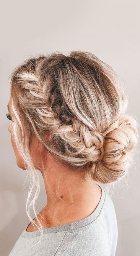 Updo For Layered Hair Long, Double Braid Updo Wedding, Restaurant Updo, Plait Upstyles, Updo For Ball, Faux Braid Updo, Casual Wedding Updo, Braided Messy Bun Hairstyles, Festival Updo Hairstyles