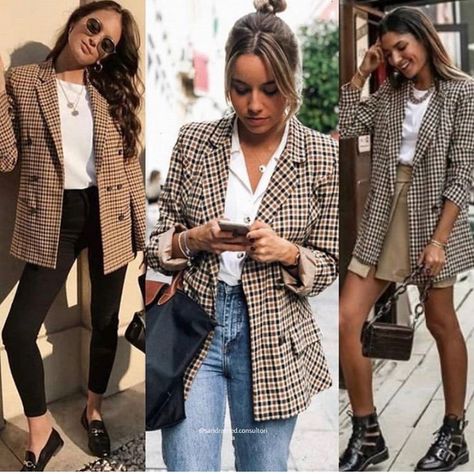 Beige Checked Blazer Outfit, Beige Plaid Jacket Outfit, Brown Plaid Blazer Outfit Work, Brown Checkered Blazer Outfit, Blazer Cuadros Outfit, Herringbone Blazer Outfit Women, Brown Houndstooth Blazer Outfit, Oversized Plaid Blazer Outfit, Brown Plaid Blazer Outfit