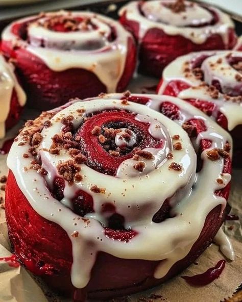 Good Ole Soul Food Recipes | Red Velvet Cinnamon Rolls | Facebook Red Velvet Cinnamon Rolls Recipe, Red Velvet Cinnamon Rolls, Hot Roll, Soul Food Recipes, Cinnamon Roll Recipe Homemade, Ina Garten Recipes, Unsweetened Cocoa Powder, Cute Baking, Cinnamon Rolls Recipe