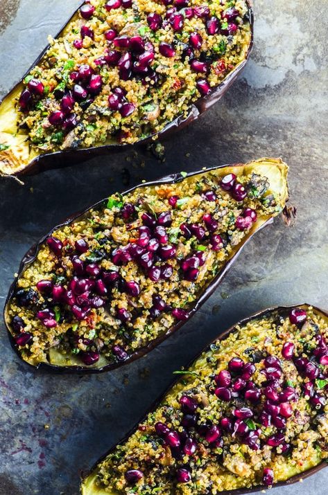 Eggplants come in many different sizes, shapes, and colors. Different varieties are easily spotted in farmers markets and ethnic markets in the summer months.  Not sure how to cook eggplant? Try roasting, stuffing, baking, grilling etc.  Check out our fabulous eggplant recipes for inspiration! #eggplant #recipes #vegetarian #vegan #healthy Pistachio Granola, Vegan Quinoa, Stuffed Zucchini, Zucchini Boats, Baked Eggplant, Passover Recipes, Goji Berry, Vegan Thanksgiving, Eggplant Recipes