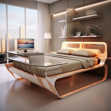 Experience the future of comfort with these modern bed designs by Fei Yan, featuring glass elements and a palette of light orange and bronze. #ModernBedDesigns #Futuristic #TechnologicalDesign #SolarizationEffect #FeiYan Modern Bed Designs, Futuristic Bed, Computer Desk Design, Games Design, Bed Design Modern, Desk Design, Modern Bed, Single Bed, Computer Desk