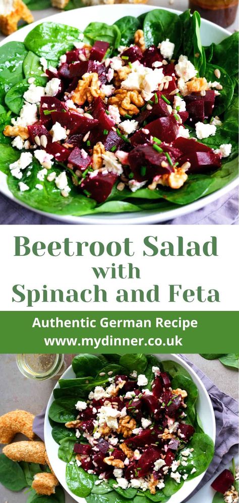 Here is a healthy beetroot salad with spinach, feta, and walnuts. The salad dressing is a simple balsamic honey dressing. Beetroot salad recipes, roasted beetroot salad, beetroot feta salad, vegan beetroot salad. beet salad Arugula Beet Salad, Salad Beet, Salad Beetroot, Spinach Feta Salad, Beetroot And Feta Salad, Beet Salad With Feta, Salad With Feta Cheese, Salad With Spinach, Roasted Beetroot