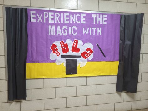 FBLA Magic: bulletin board Magic Theme Classroom Ideas, Magic Themed Bulletin Boards, Magic Bulletin Board, Magic Words For Classroom Decoration, Magic School Bus Bulletin Board, Magical Classroom, Customer Service Week, Counseling Bulletin Boards, Magical Theme