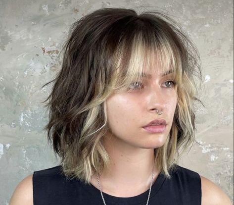 Short Shag Blonde Highlights, Short Curtain Bangs Money Piece, Moneypiece Short Hair, Shag Haircut Money Piece, Short Narcissa Malfoy Hair, Shag Money Piece Hair, Color Blocking Hair Blonde, Short Dark Hair Blonde Highlights, Short Hair Color Blocking