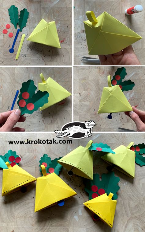 krokotak | CHRISTMAS ORIGAMI PAPER BELL Origami Christmas Ornament, Origami And Kirigami, Homemade Christmas Decorations, Noel Diy, Christmas Origami, Candle Craft, Craft Club, Origami Art, Origami Easy