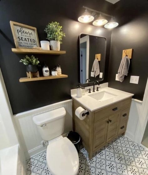 Industrial Farmhouse Half Bath, Dark Wall In Bathroom, Hip Bathroom Ideas, Black Ceiling Small Bathroom, Bathroom With Wall Panels, Brown Wall Bathroom, Two Toned Bathroom, Masculine Bathroom Colors, Small Bathroom Dark Walls