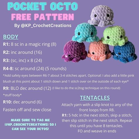 Octopus Crochet Pattern Free, Octopus Crochet Pattern, Crochet Dreams, Knit Cardigan Pattern, Crochet Octopus, Crochet Design Pattern, Quick Crochet, Diy Crochet Projects, Crochet Patterns For Beginners