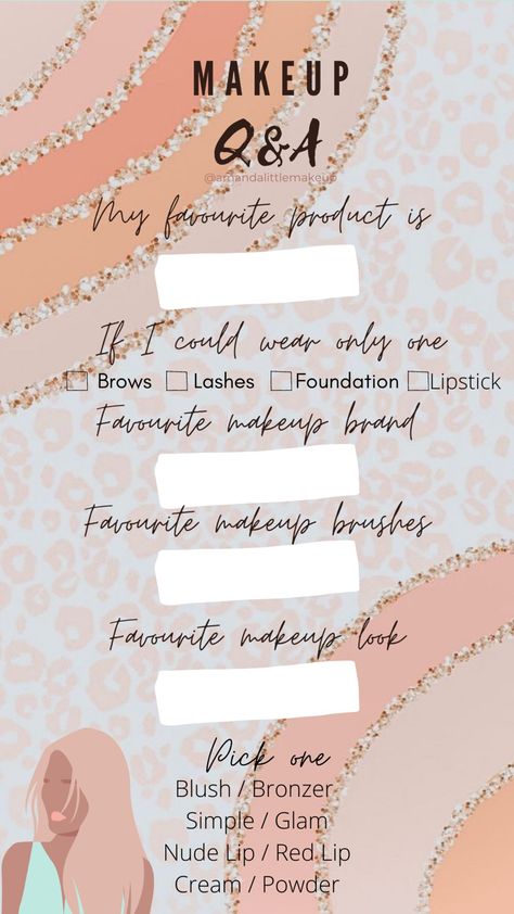 Makeup question & answer instagram story template Makeup Questions Instagram, Story Ideas For Makeup Artist, Insta Story Ideas For Makeup Artist, Makeup Polls For Instagram Story, Makeup Page Bio Ideas, Makeup Post For Instagram, Makeup Games Parties, Instagram Story Ideas Makeup Artist, Makeup Artist Social Media Post