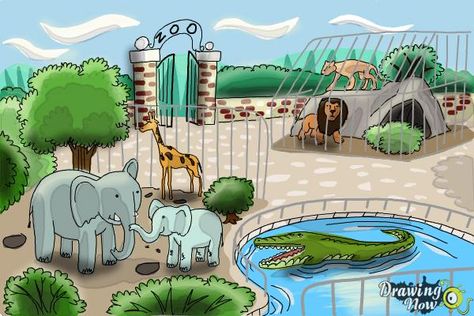 How to Draw a Zoo - Step 11 A Day At The Zoo Drawing, Cute Zoo Animal Drawings, Zoo Drawing Ideas, Zoo Drawing Sketch, Zoo Drawing Easy, Zoo Drawing For Kids Easy, Zoo Drawing For Kids, Zoo Doodles, Zoo Animals Drawing