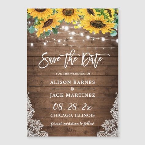 Rustic Country Sunflowers Save The Date Magnet #zazzle #weddinginvitations #birthdayinvitations #babyshowerinvitations #zazzleinvitations #monogram #businesscards #graduation #homedecor Sunflower Save The Date, Rustic Wedding Save The Dates, Magnetic Business Cards, Wedding Favours Sign, Sunflower Wedding Invitations, Rustic Save The Dates, String Lights Wedding, Favors Sign, Save The Date Magnets