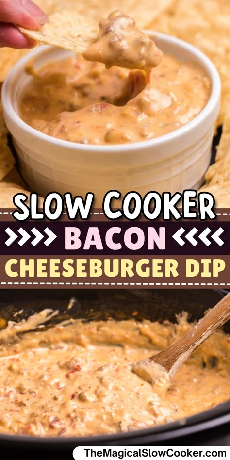 If you love a good Velveeta cheese dip then you will LOVE this Slow Cooker Bacon Cheeseburger Dip. Forget a Mexican themed dip and try this all-American style dip. - the magical slow cooker Sizzling Bacon Cheeseburger Queso Dip, Crockpot Dip Recipes For Parties, Queso Dip Crockpot, Velveeta Cheese Dip, Crockpot Dip, Crockpot Dips, Bacon Cheeseburger Dip, Dip Recipes Crockpot, Slow Cooker Dips