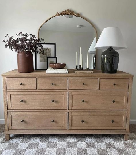 Christin Jipson | Sharing the popular look for less for my Pottery Barn dresser ➡️ (scroll) I do love the splurge but I know everyone loves a look for less!… | Instagram Talk Dresser Decor, Cottage Core Dresser Decor, Oak Dresser Decor, Simple Dresser Styling, Bedroom Mirror Above Dresser, Gold Mirror On Dresser, Top Of Bedroom Dresser Decor, Bedroom Dresser Mirror Ideas, Neutral Dresser Decor