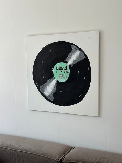 A handmade, minimalistic painting of a LP disc with Frank Ocean's album Blond. Perfect for making your home more stylish and personal. The creator Julia Andersson makes unique acrylic art, often with a music theme. Dimensions: 80 x 80 cmMaterial: Acrylic on canvasWorking hours: 15 h Painting Of Records On Canvas, Music Disc Drawing, Music Album Paintings, Things To Paint On Circle Canvas, Album Painting Ideas, Album Covers Painting, Canvas Painting Music, Frank Ocean Painting, Music Canvas Painting