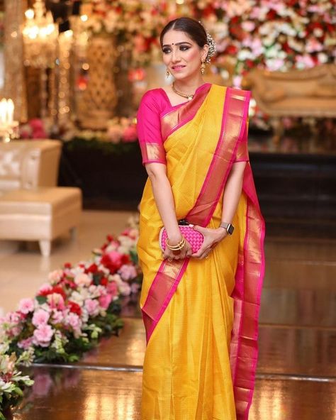 @amor_vincit_omnia1511 looks absolutely stunning in beautiful yellow and pink Kanchipuram silk saree shopped from our store collections in… Yellow And Pink Silk Saree, Yellow With Pink Silk Saree, Yellow Pink Saree, Yellow And Pink Saree, Latest Pattu Sarees, Pink Blouse Designs, Kanjivaram Sarees Silk, Sarees For Women, Yellow Saree