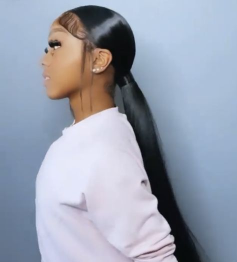 Swoops Ponytail Weave, Cute Low Ponytails For Black Women, Cute Sleek Hairstyles Black Women, Frontal Sleek Ponytail, Ponytail Hairstyles For Black Women Straight, Slick Back Ponytail With Bundles, Slick Back Ponytail No Part, Middle Part Hairstyles For Black Women Ponytail, Ponytail Hairstyles For Black Women Middle Part