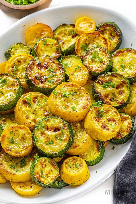 Roasted Zucchini And Squash (Easy!) - Wholesome Yum Parmesan Squash And Zucchini, Baked Yellow Squash Recipes, Oven Squash, Baked Squash And Zucchini Recipes, Yellow Zucchini Recipes, Oven Roasted Squash, Roasted Yellow Squash, Roasted Zucchini And Squash, Adkins Diet