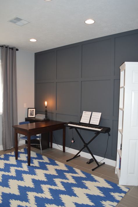 Office with coffered wall accent and chevron rug Coffered Wall, Craft Room Makeover, Chevron Rug, Chevron Rugs, Accent Wall Ideas, My Home Office, Wall Accent, Office Crafts, Wall Molding