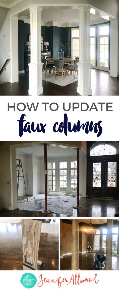 Interior Faux Columns Interior | Jennifer Allwood Home | Stuck with dated columns in your living room? In this blog post, I'm sharing how I transformed my ugly columns with painted wainscoating for a fresh, modern look. #DIY #modernfarmhouse Trim On Columns, Farmhouse Columns Interior, Dining Room Pillars, Pillars Inside House Columns, Update Pillars In Home, Covering Columns With Wood, How To Update Columns Living Rooms, How To Update Interior Pillars, Indoor Pillars Columns Interior Design