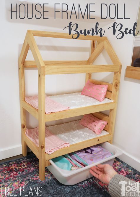 House Frame Doll Bunk Bed Plans - Her Tool Belt Diy Doll Bunk Bed, Basement Playhouse, Playhouse Build, Doll Bed Diy, Pull Out Storage, Doll Bunk Beds, Baby Doll Furniture, Bunk Bed Plans, House Frame