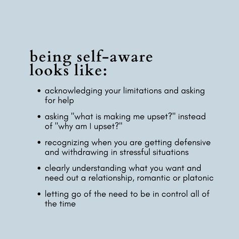 Self-awareness is the ability to recognize and process our internal thoughts and feelings and how they impact our external behaviors. Being self-aware is essential in living a purposeful life, managing your emotions and boosting your self-esteem. These are just some examples of what being self-aware looks like. Remember to take time to reflect on yourself and how you handle your emotions. Internal Thoughts, Handling Emotions, Voice Therapy, Mindfulness Journal Prompts, Mental Health Inspiration, Purposeful Life, Empowering Words, Therapy Counseling, Emotional Awareness