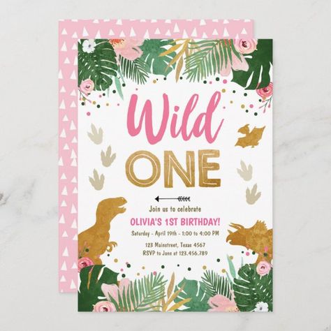 Wild One Dino Party Girl Pink Dinosaur Birthday Invitation Pink Dinosaur Birthday, Third Birthday Girl, Girl Dinosaur Birthday, Young Wild And Three, Wild One Birthday Invitations, Party Dinosaur, Dinosaur Birthday Invitations, 3rd Birthday Ideas, Wild One Birthday Party