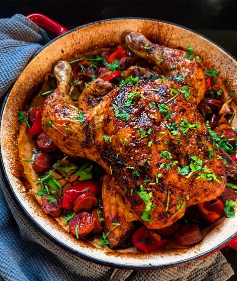 Spanish Whole Chicken Recipes, Chorizo And Chicken Recipes, Spanish Baked Chicken Recipes, Spanish Dinner Recipes, Mediterranean Roast Chicken, Spanish Roasted Chicken, Spanish Recipes, Chicken Chorizo Recipe, Chicken Chorizo Tray Bake