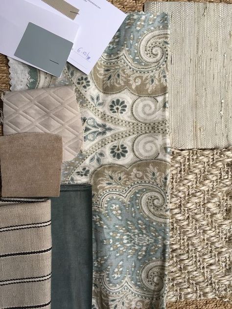 blue, gray, khaki fabric choices with sisal rug. Portfolio Latika in Seafoam. Trendy Apartment, Room Color Schemes, Fabric Combinations, Bedroom Color Schemes, Gray Bedroom, Safe Haven, Sisal Rug, Blue Bedroom, Living Room Colors