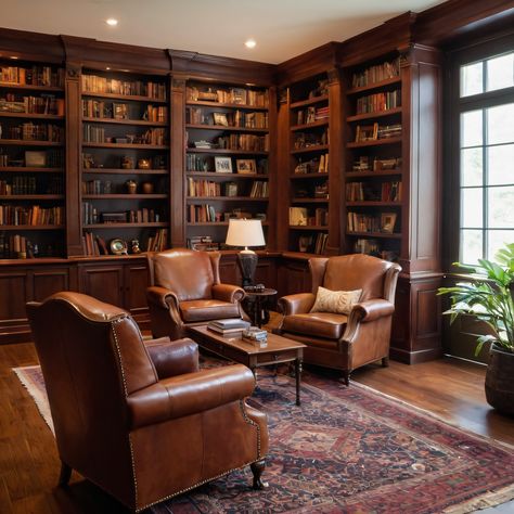 ⚠️LINK IN BIO⚠️ A sophisticated classic-style home library with floor-to-ceiling bookshelves, rich wooden hues, and a comfortable leather armchair. #HomeLibrary #ClassicStyle #Bookshelves #Wood #LeatherArmchair Dark Wood Bookshelves, Classic Home Library, Bookshelves Wood, Bookshelves Aesthetic, Theater Room Decor, Floor To Ceiling Bookshelves, Rolling Ladder, Wood Bookshelves, Home Library Design