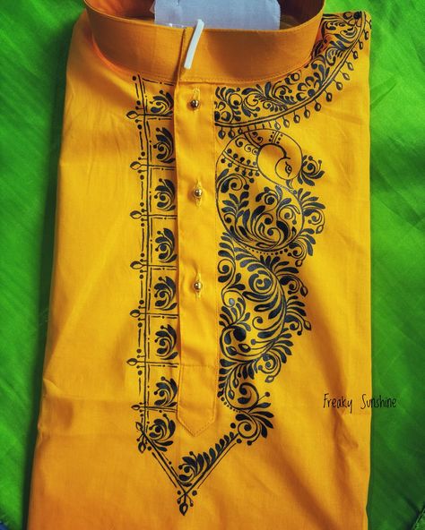 Customized Punjabi Painting ( Men’s Kurta ) on the occasion of Teachers Day 🖤💫💛 . Keep Supporting @_.freaky_sunshine._ 🌈 Stay connected for more amazing stuffs✨️ . Get inspired💫 🚫Please don’t copy or recreate 🚫 🚫Original Design Copyright ©️🚫 . . #alpona #alponadesign #bengali #art #artistsoninstagram #artistsoninstagram #artlover #design #aesthetic #instalove #brushstrokes #banglagram #bengallove #artistic #artstagram #artreels #mandala #rangoli #kolam #india Painting Kurta For Men, Punjabi Fabric Design For Men, Kurta Painting Design For Man, Panjabi Painting, Alpona Painting, Punjabi Art, Punjabi Design, Panjabi Design, Mandala Rangoli