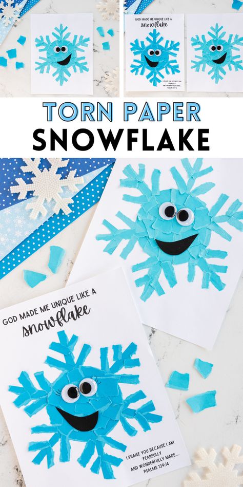 This Torn Paper Snowflake activity is a wonderful activity for children to understand and celebrate their individuality as God made them, just as every snowflake is unique in its design. God Made Me Unique Like A Snowflake, Pre K Snowflake Craft, Snowflakes Arts And Crafts For Kids, Snowflake Bible Lesson For Kids, Snowflake Projects For Kids, Snowflake Craft For Toddlers, Preschool Snowflake Craft, Snowflakes Crafts For Kids, Snowflake Preschool Crafts