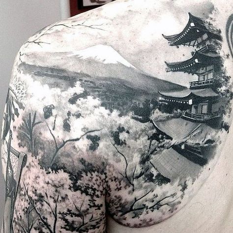 Mountain Tattoo Ideas For Men On Back Shoulder Japanese Temple Tattoo, Berg Tattoo, Temple Tattoo, Mountain Tattoo Design, Kunst Tattoos, Landscape Tattoo, Japanese Temple, Sleeve Ideas, Asian Tattoos